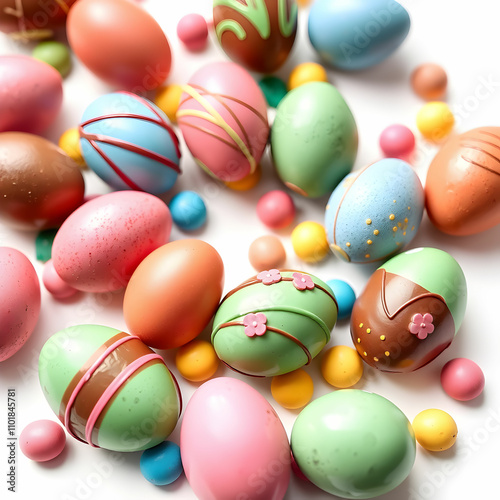 Colorful chocolate Easter eggs on white background