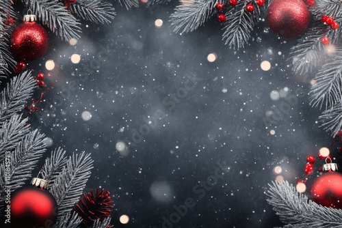 Festive Christmas decoration with red ornaments and pine branches in winter s...