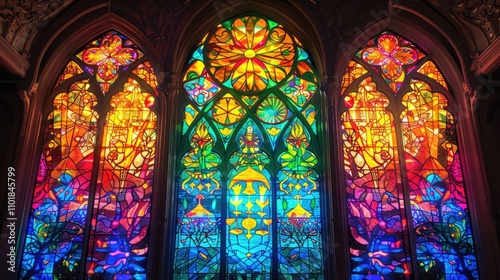 Colorful stained glass windows in the Cathedral of Notre Dame de Paris, France