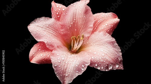 Abstract macro close-up image of a pink Beaumontia grandiflora flower adorned with water droplets, highlighting its delicate petals and textures, with ample copy space for text. photo