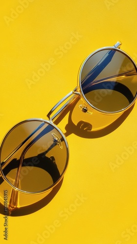 Stylish round sunglasses resting on a bright yellow background with distinct ...