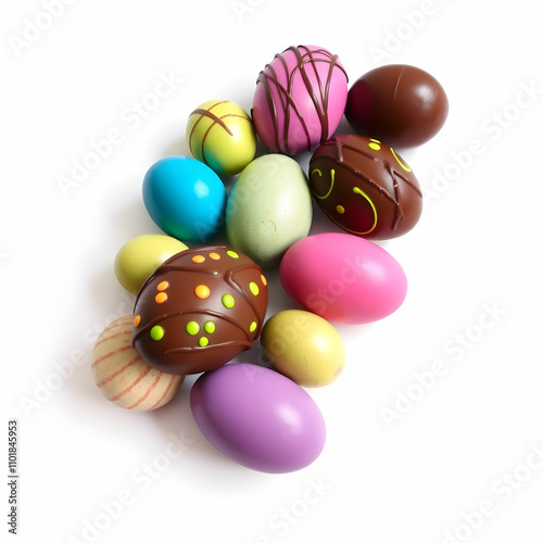 Colorful chocolate Easter eggs on white background