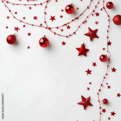 Red star and ball garland displayed on a white surface for festive decoration