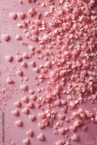 Hearts in a playful pattern on a soft pink background creating a whimsical at...