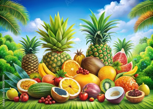 Panoramic Tropical Fruit Handdrawn Illustration Featuring Lush Nature and Exotic Varieties for Vibrant Food and Art Projects, Perfect for Tropical Themes and Culinary Inspirations