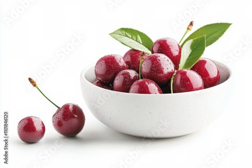 Fresh cherries glistening with water droplets in a silver bowl during a summe...