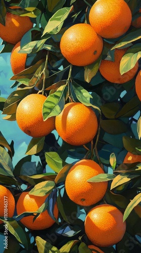 Fresh oranges hanging from vibrant green leaves in sunny orchard environment