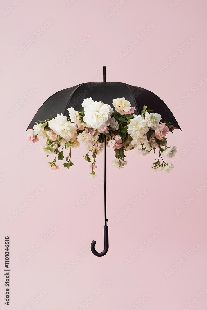 Various soft flowers come underneath the black umbrella on a pastel pink background. Growth, mental health, Spring concept.