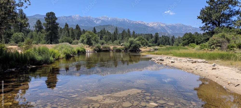 Obraz premium Serene lake reflections a tranquil scene of pine forests and majestic mountains