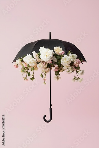 Obraz na płótnie Various soft flowers come underneath the black umbrella on a pastel pink background. Growth, mental health, Spring concept. w salonie