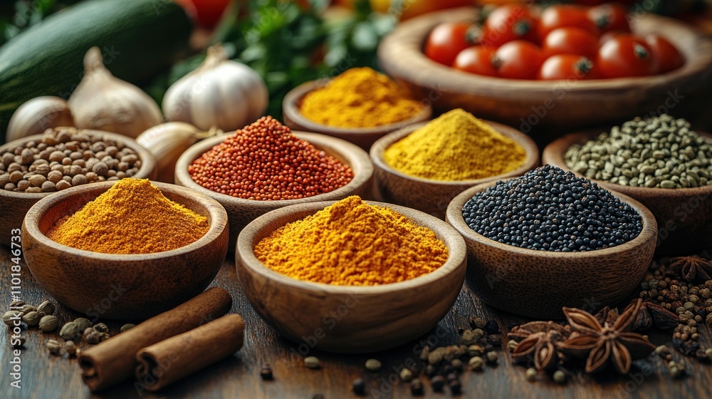 Here's a description and keywords for the image.. Aromatic spices in wooden bowls with fresh vegetables. Here's a description and keywords for the image.. Aromatic spices in wooden bowls with fresh vegetables.