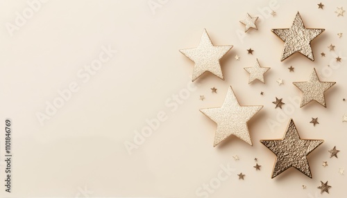 Decorative stars in metallic shades arranged on a light background for festiv...