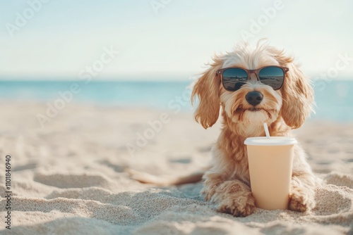 Happy dog relaxing on the beach during sunset with sunglasses and coffee
