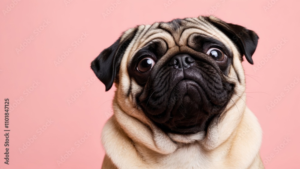 Comical Pug with Squishy Face and Playful Expression Against Pink