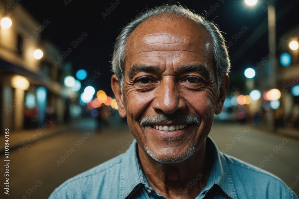 Close portrait of a smiling senior Nicaraguan man looking at the camera, Nicaraguan city outdoors at night blurred background Close portrait of a smiling senior Nicaraguan man looking at the camera, Nicaraguan city outdoors at night blurred background