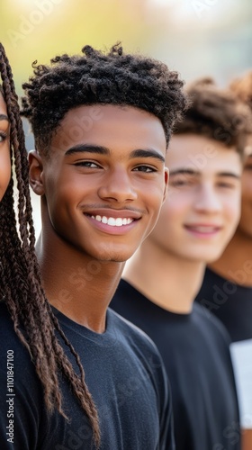 Group of smiling young people enjoying a sunny day outdoors in casual black s...