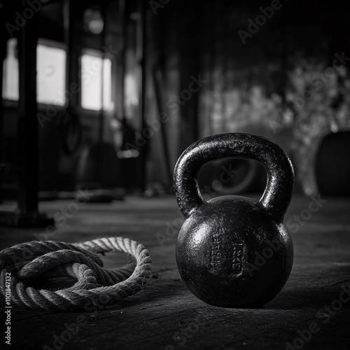 Kettlebell and workout rope on gym floor with blurred equipment in background photo