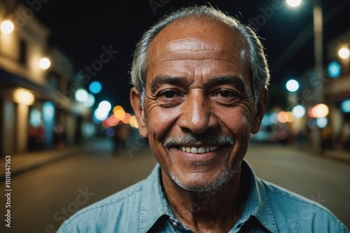 Close portrait of a smiling senior Nicaraguan man looking at the camera, Nicaraguan city outdoors at night blurred background