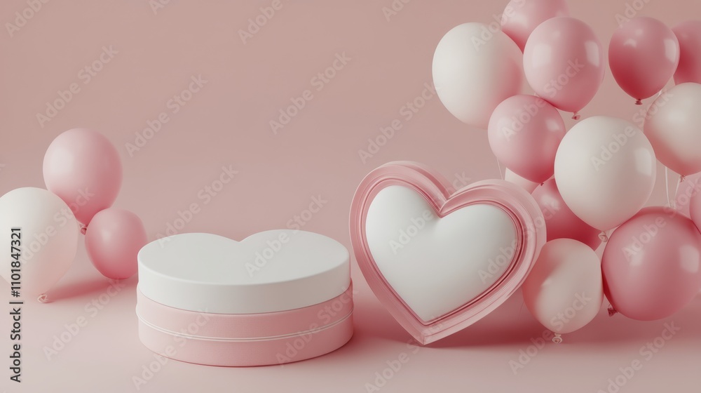 Soft pink decorations with balloons and gift boxes for a celebration or event Soft pink decorations with balloons and gift boxes for a celebration or event