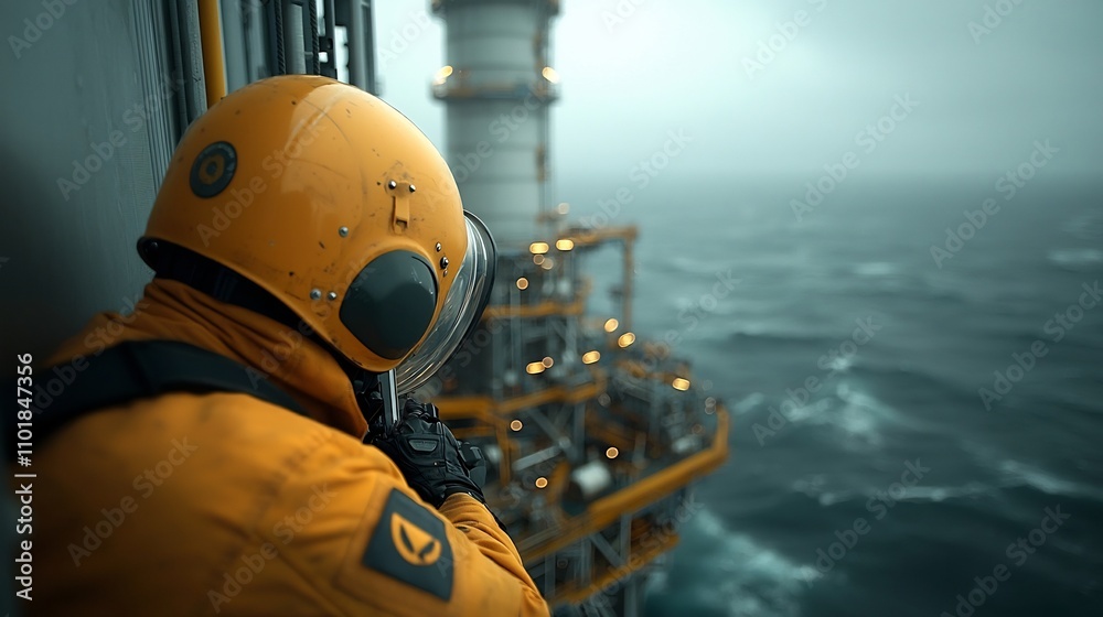 Offshore security personnel surveying the perimeter of an oil production facility armed and vigilant observing the vast open ocean and horizon from a disciplined and focused strategic vantage point
