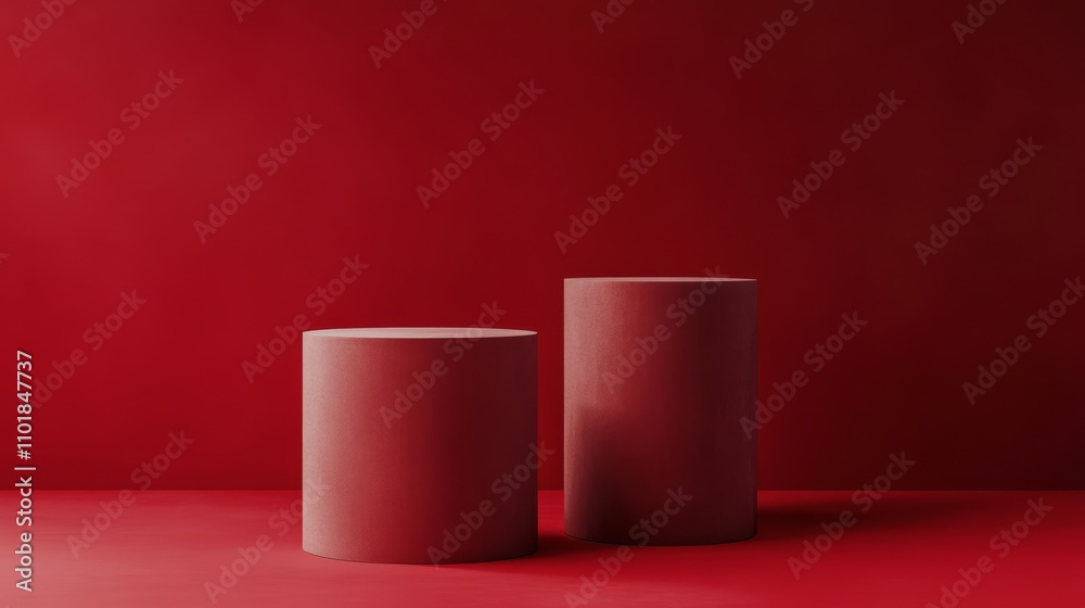 Red circular platforms set against a backdrop of flowing red curtains in a minimalist space Red circular platforms set against a backdrop of flowing red curtains in a minimalist space