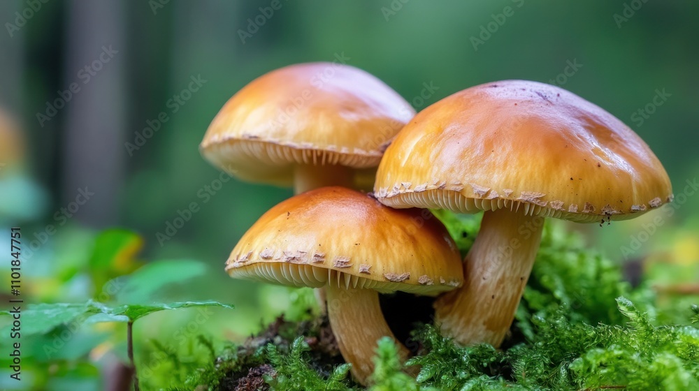 Three Honey Mushrooms Growing in Mossy Forest Three Honey Mushrooms Growing in Mossy Forest