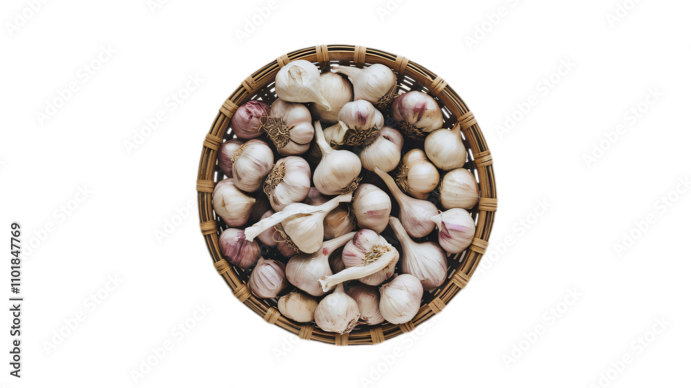 Garlic in basket top view isolated on transparent background. Garlic in basket top view isolated on transparent background.