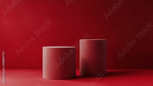 Red circular platforms set against a backdrop of flowing red curtains in a mi...