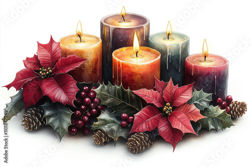 Christmas Candles with poinsettia flowers and holly leaves