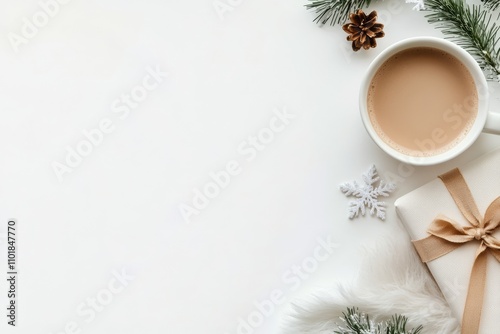 Cozy winter setting with warm beverage, gifts, and seasonal decorations on a ...