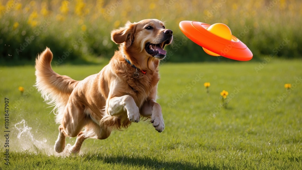 Golden Retriever Chasing Frisbee in a Sunny Green Field Golden Retriever Chasing Frisbee in a Sunny Green Field