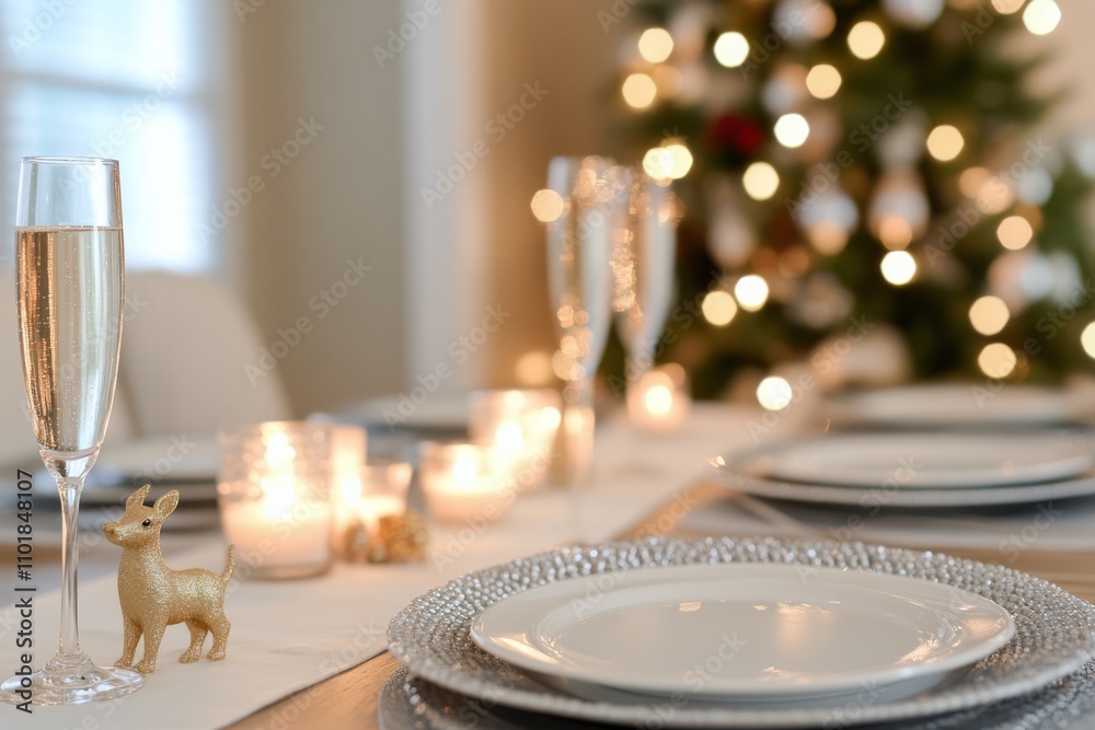 Fototapeta premium Elegant holiday table setting with sparkling decor and festive atmosphere