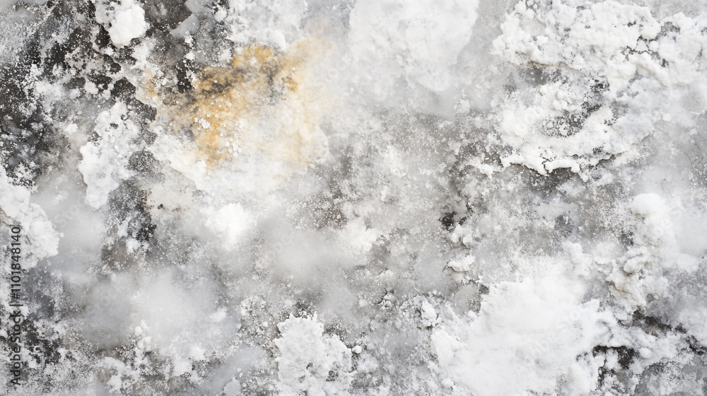 Snow covered ground with patches of dirt and ice in a winter setting Snow covered ground with patches of dirt and ice in a winter setting