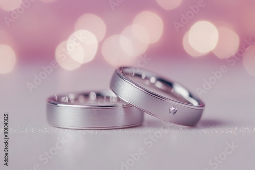 Two elegant wedding rings on a soft surface with a sparkling bokeh background