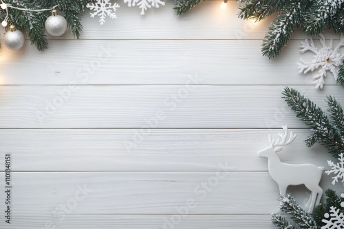 Winter holiday backdrop with decorative elements and a ceramic deer on a wood...