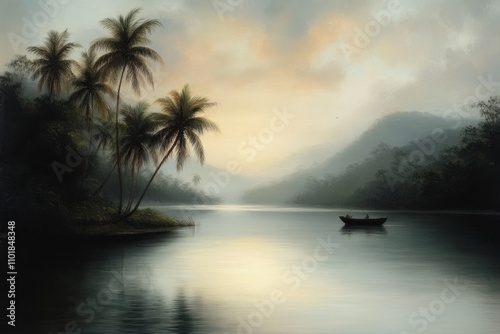 Tranquil river surrounded by lush palm trees and mountains on a sunny day in ...