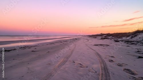 Footprints alongside a bicycle track imprinted in soft beach sand at sunset.