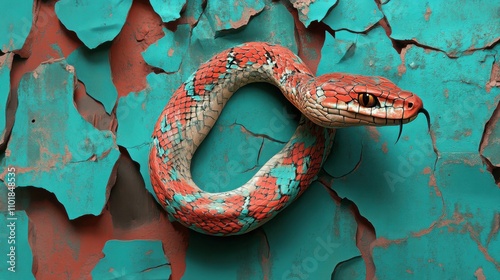 Snake Emerges from Shattered Urban Wall: A Photorealistic Blend of Teal and Coral in an Urban Decay Background with Crisp Edges.  photo