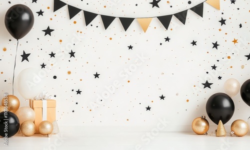 Festive black and gold decoration with balloons and stars for a celebration e...