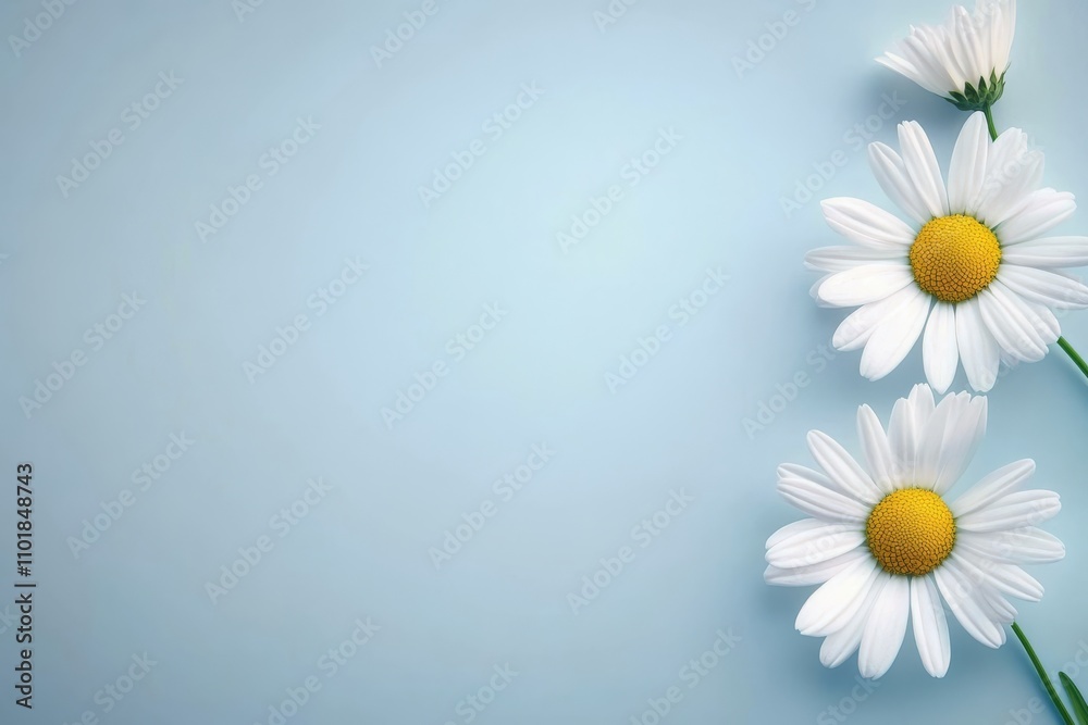Fresh daisies softly resting on a pastel blue surface with simple elegance Fresh daisies softly resting on a pastel blue surface with simple elegance