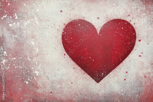 Heart shape painted on textured surface with splashes of red and white in bac...