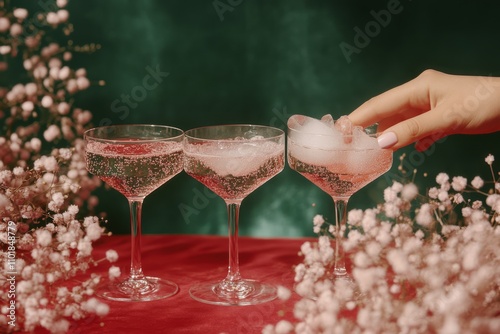 Refreshing cocktails with ice surrounded by delicate flowers at a vibrant gat...