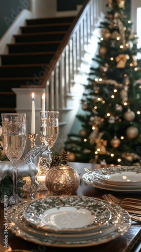 Elegant holiday dining setup with silver horse decor and twinkling lights in ...