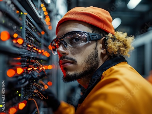 Offshore IT technicians meticulously troubleshooting and repairing complex server racks and networking hardware with a steely determination photo