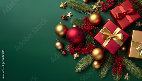  Colorful gifts and ornaments adorn a festive holiday scene with red and gold decorations on_1(885) photo