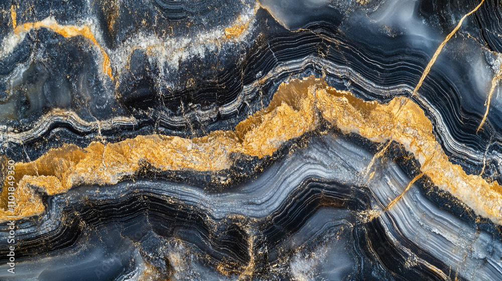 Stunning geological formation featuring black and gold striped banded stone
