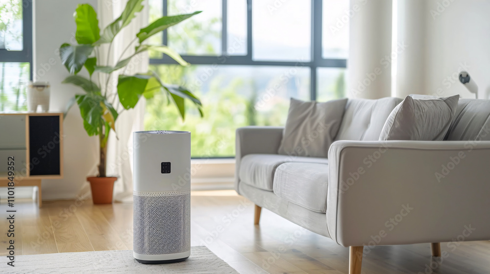 Air purifier in a living room, removing fine dust and air pollution. Concept for protecting against PM 2.5 dust. Air purifier in a living room, removing fine dust and air pollution. Concept for protecting against PM 2.5 dust.