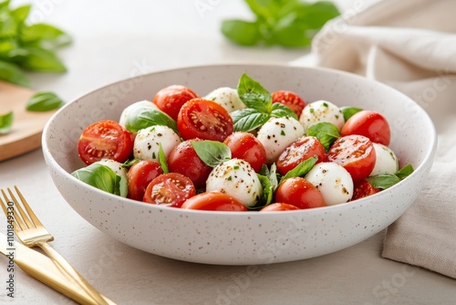 Fresh cherry tomato and mozzarella salad with basil on a marble counter