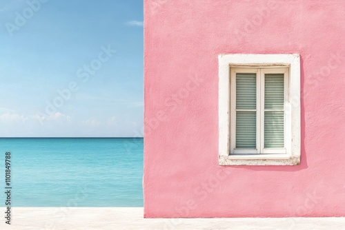 Brightly colored wall with window in pastel shades located in a sunny setting
