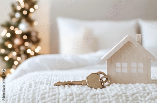 Key and wooden house model on a cozy bed indicating homeownership journey